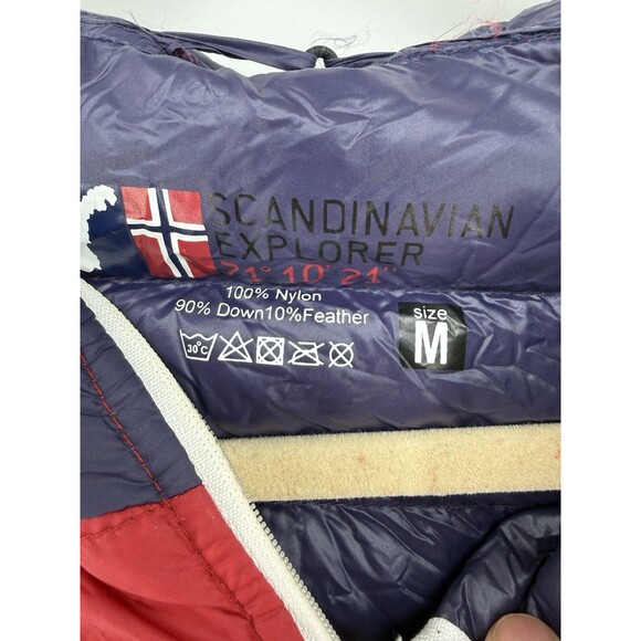Scandinavian Explorer mens M packable Jacket Full Zip Puffer Red blue white down - Picture 4 of 15